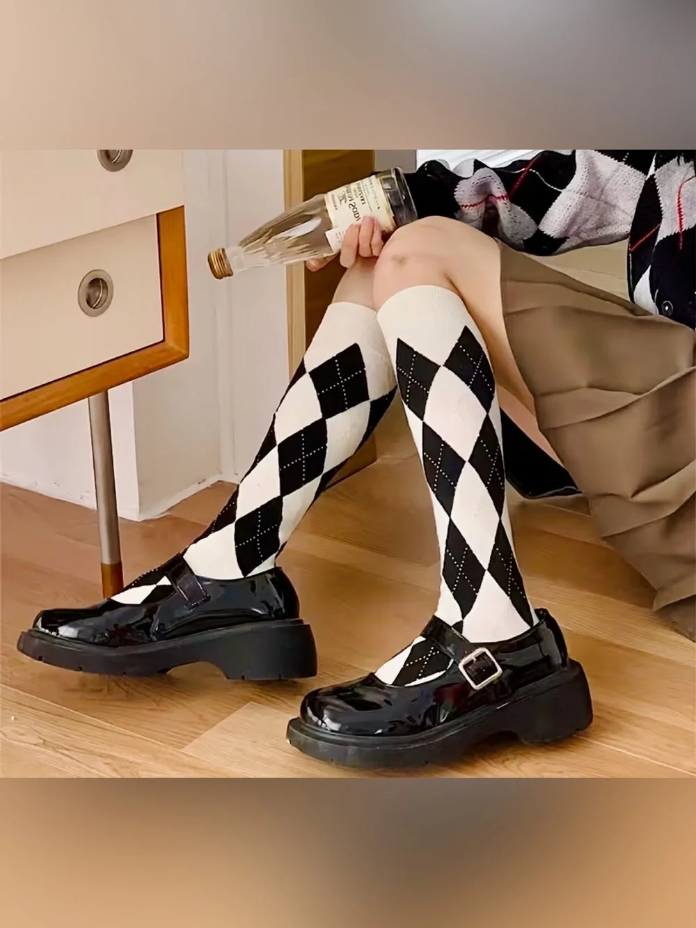 Argyle Knee-High Socks - Black and White - NWT
